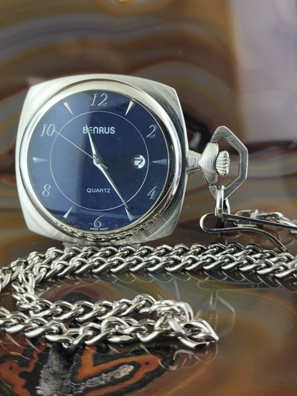 Vintage BENRUS Silver Open Face Pocket Watch Blue Dial